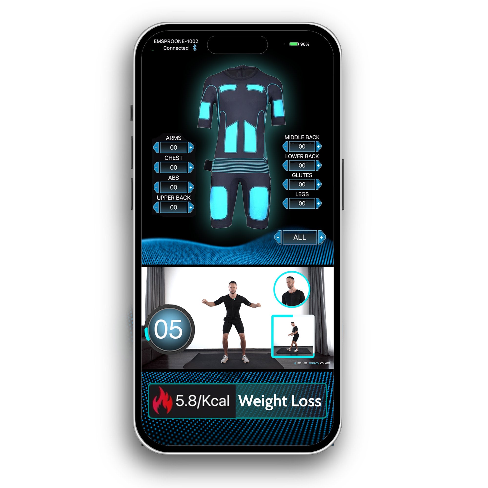 Smartphone screen showing EMS training app with muscle settings and workout video preview