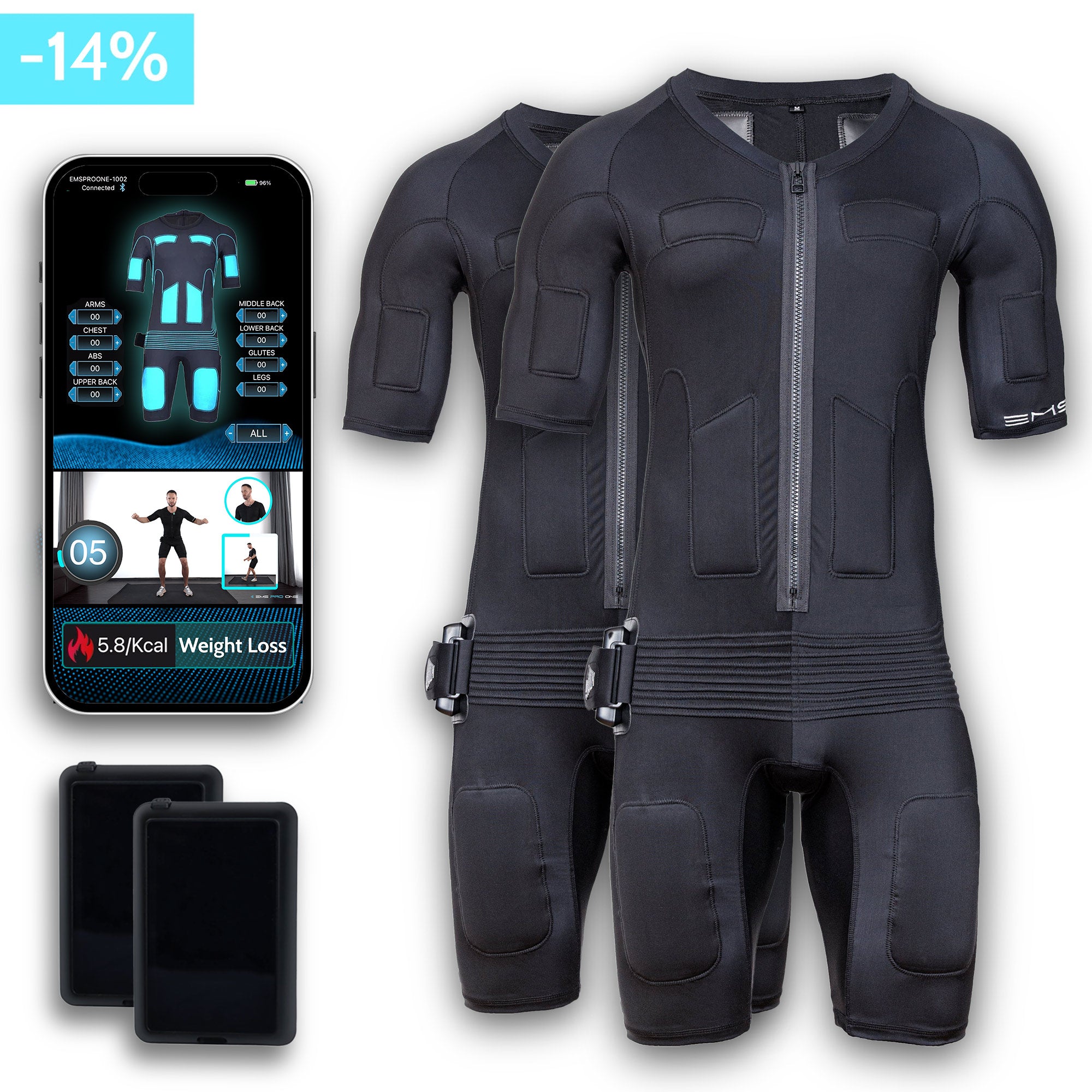 EMS PRO ONE full-body suits with app interface and wireless training modules