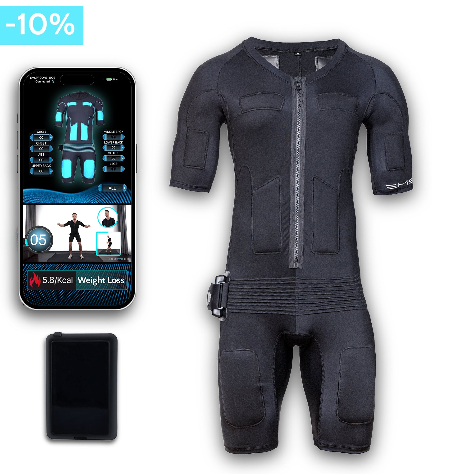 EMS suit, control unit, and app interface with -10% discount tag