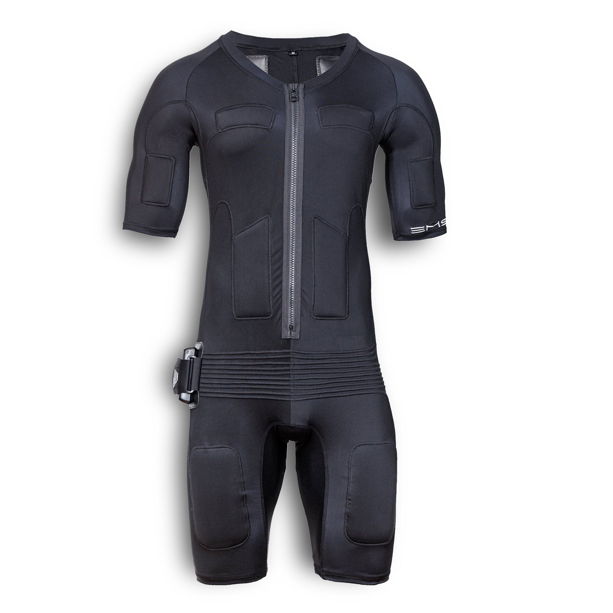 Front view of black EMS suit with zipper, electrode pads, and control unit on left hip