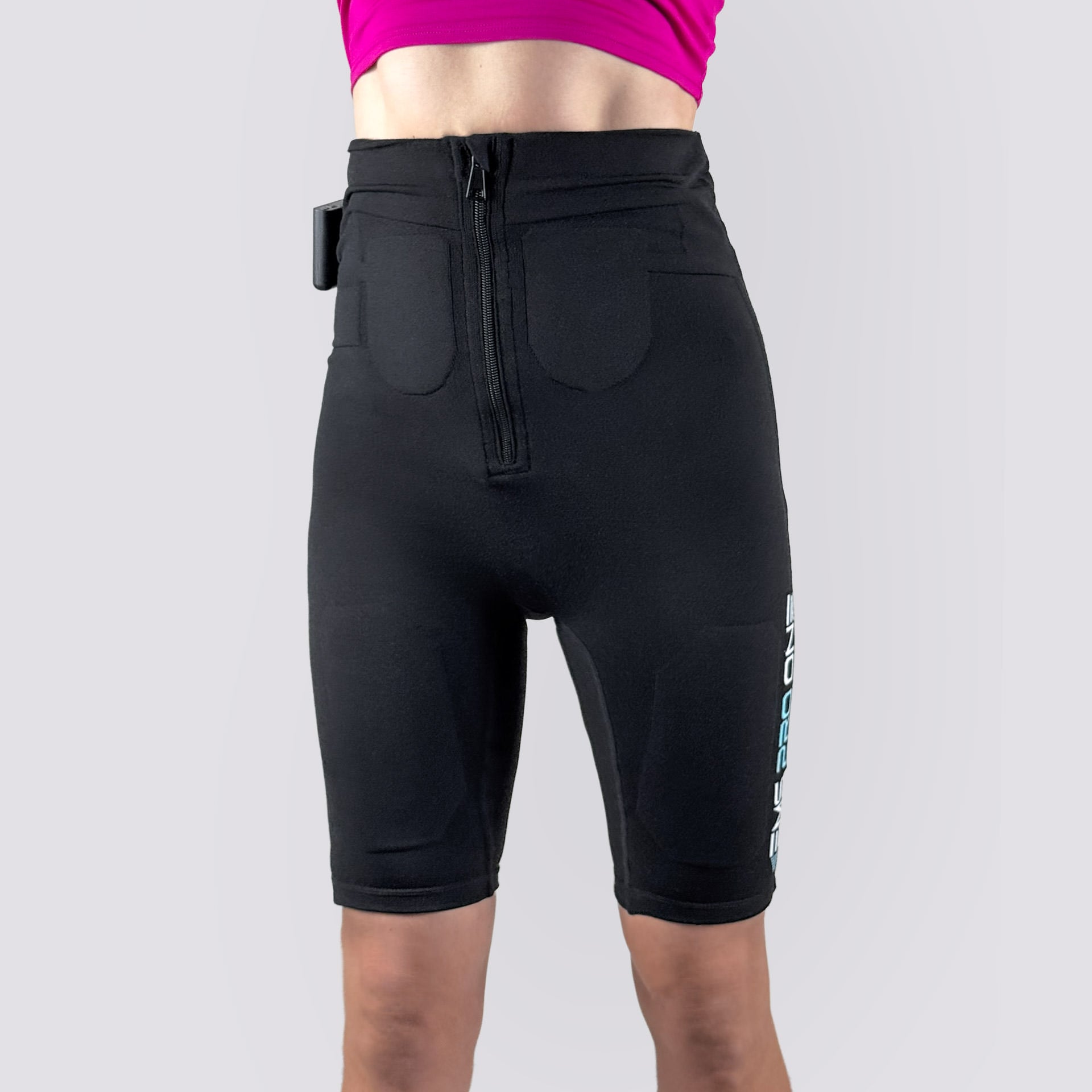 Wireless EMS training shorts with zipper front and control box holder