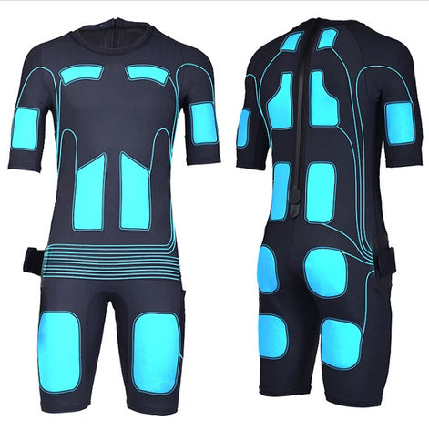 Front and back views of black EMS suit with bright blue electrode pads and connection lines