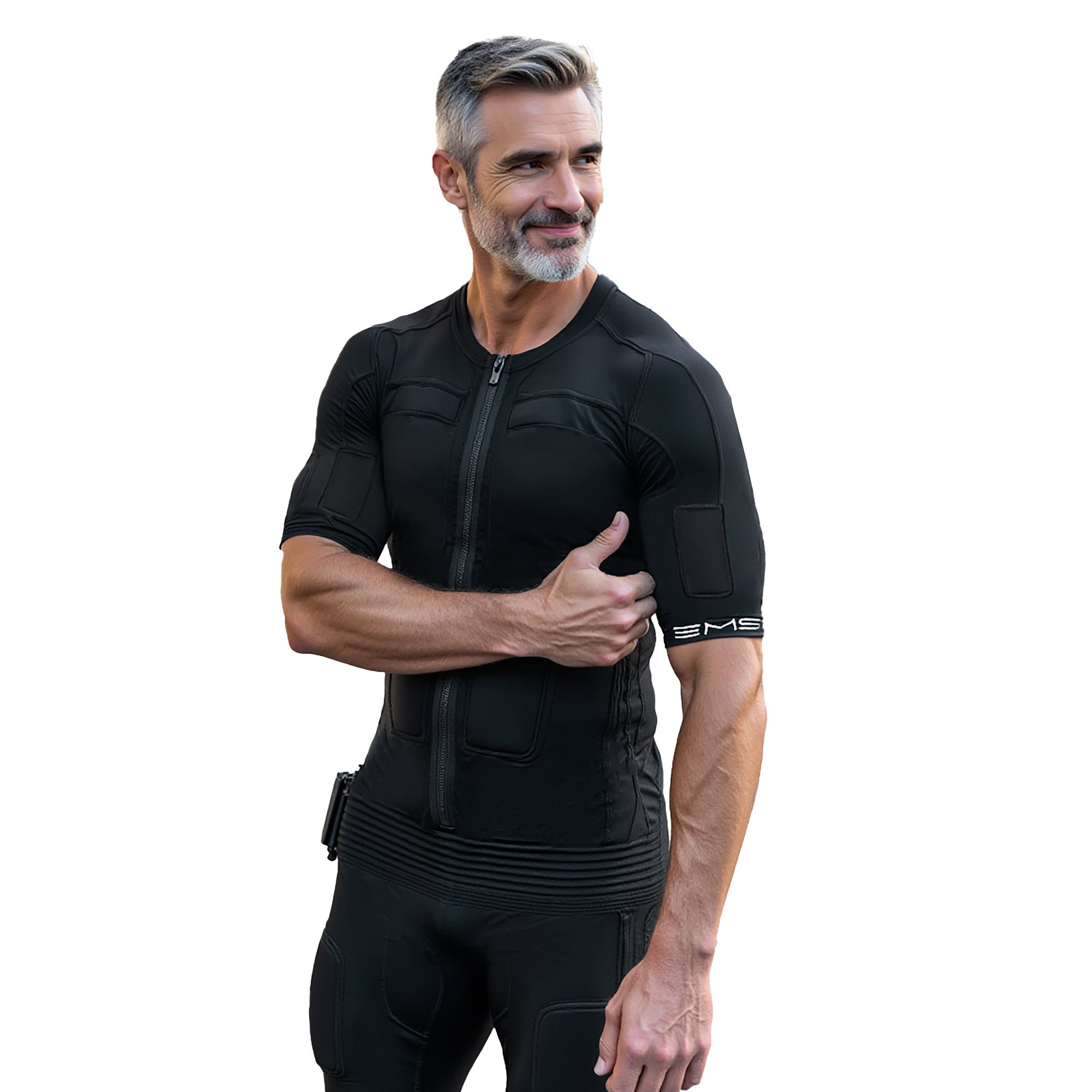 Smiling man in black EMS suit with front zipper, electrode pads, and device on left hip
