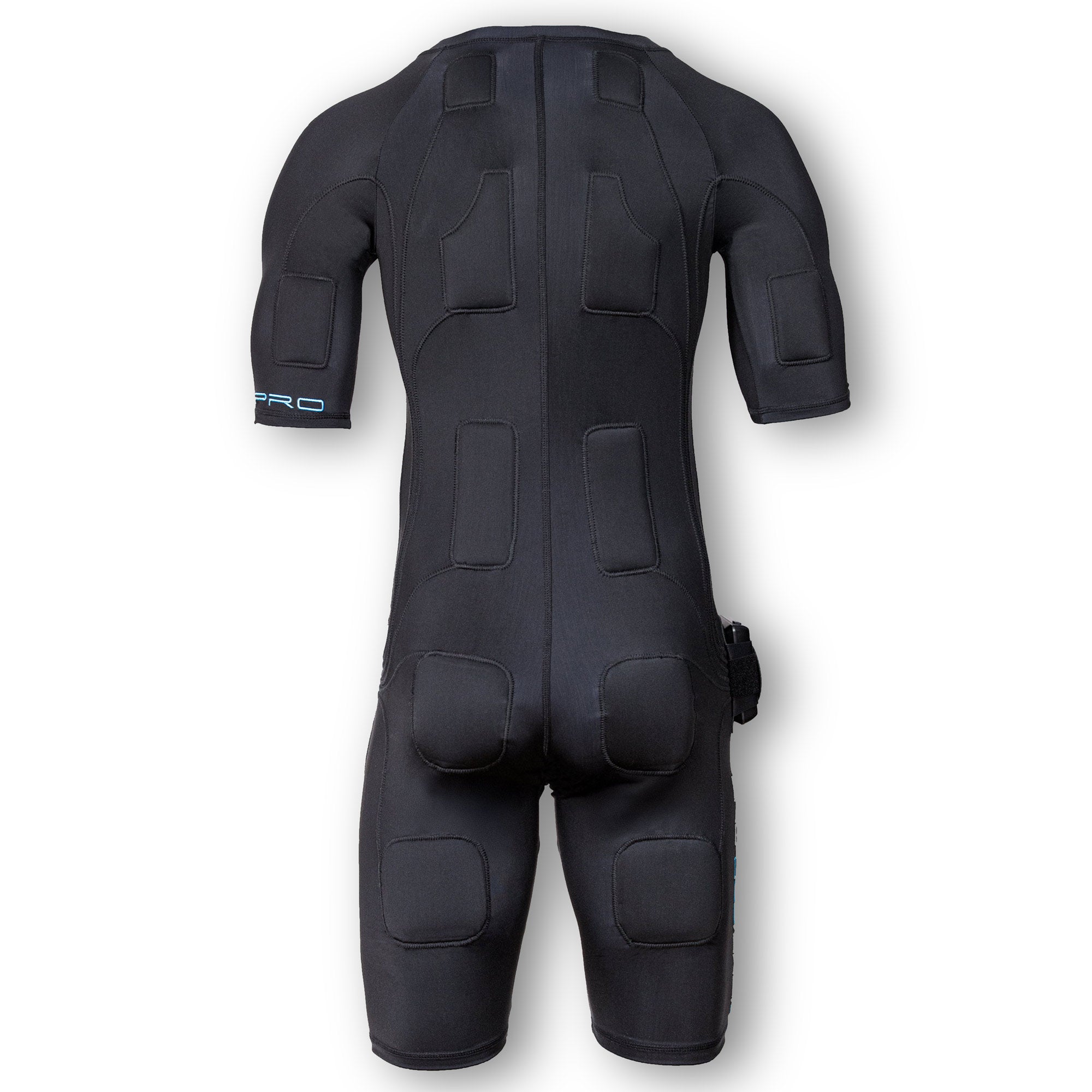 Back view of black EMS training suit with short sleeves and visible electrode pads