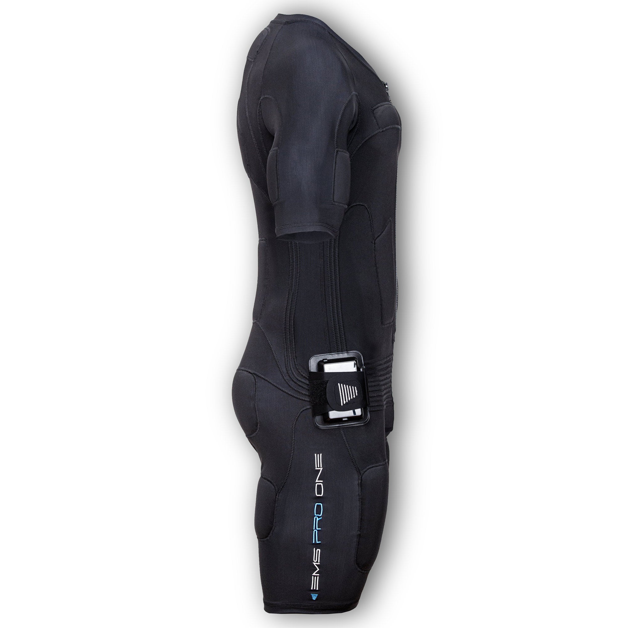 Side view of black EMS suit with electrode pads, hip control unit slot, and blue branding