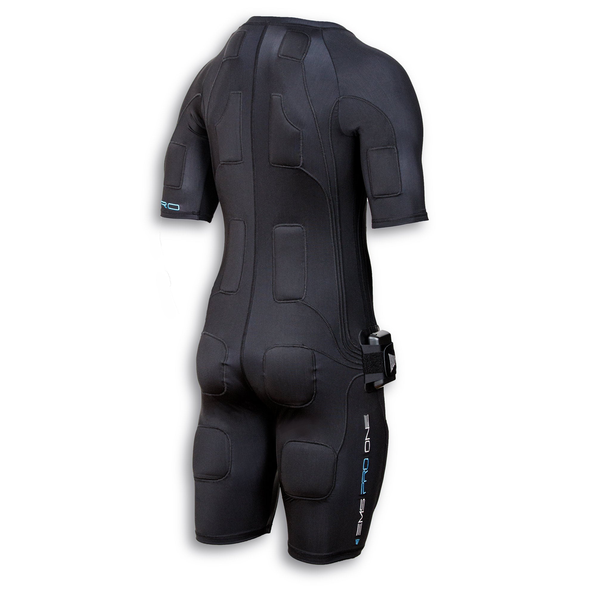 Back and side view of black EMS suit with blue accents and "EMS PRO ONE" text on the leg