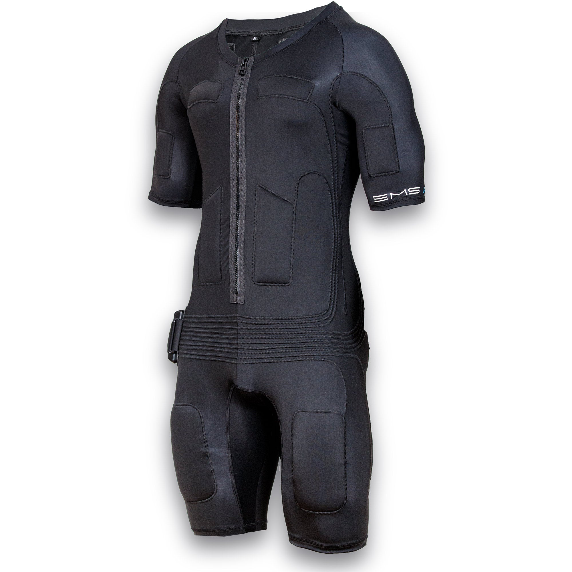 Front view of black EMS training suit with zipper and visible electrode pads